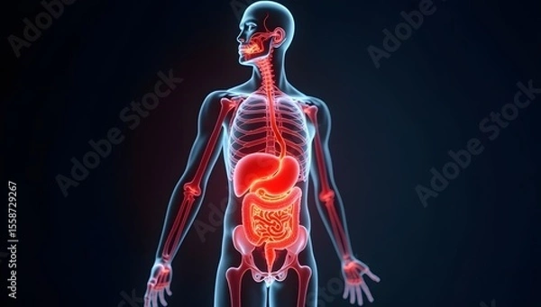 Obraz Medical-style visualization of stomach and intestinal discomfort. AI-Generated!