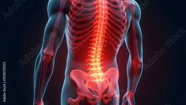 Obraz Anatomical image of inflamed lower back muscles and spine under strain. AI-Generated!