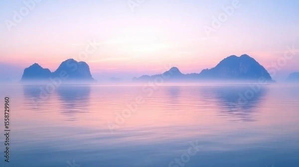 Fototapeta Serene Morning Mist Over Calm Water with Silhouetted Mountains