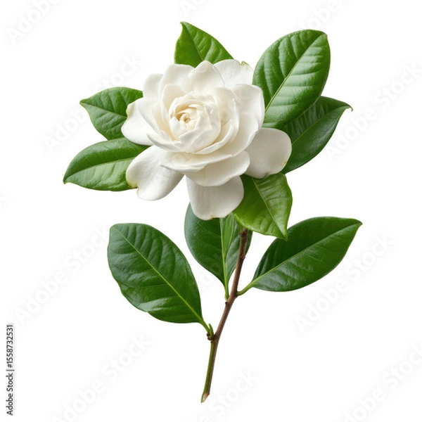 Fototapeta Elegant white flower with glossy green leaves, symbol of purity and beauty, isolated on a clean white background for creative use Transparent background or png