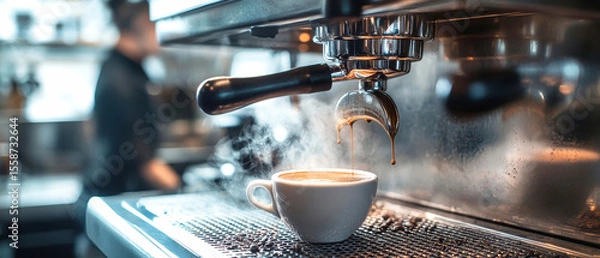 Fototapeta Capturing the magic of brewing espresso with steam dancing in the air at a bustling cafe