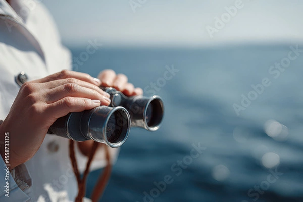 Fototapeta yacht captain stands confidently on left side of frame holding binoculars with determined expression