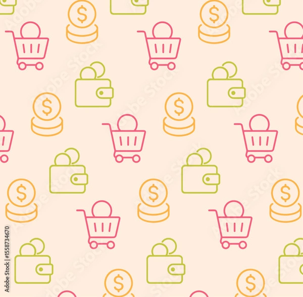 Fototapeta Shopping and Budget Icons Pattern Carts, Wallets, and Currency