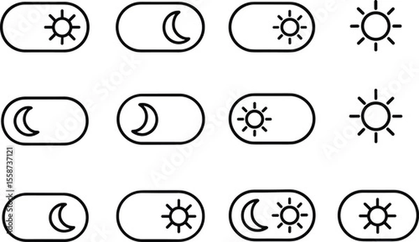 Fototapeta Toggle Switch Icons for Light and Dark Mode Representing Sun and Moon in a Simple Outline Style