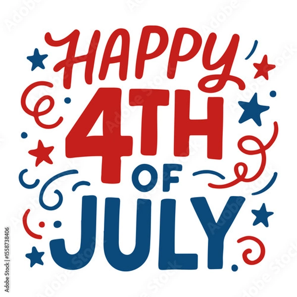 Fototapeta Illustration of happy fourth of july with red and blue stars and swirls on a white background
