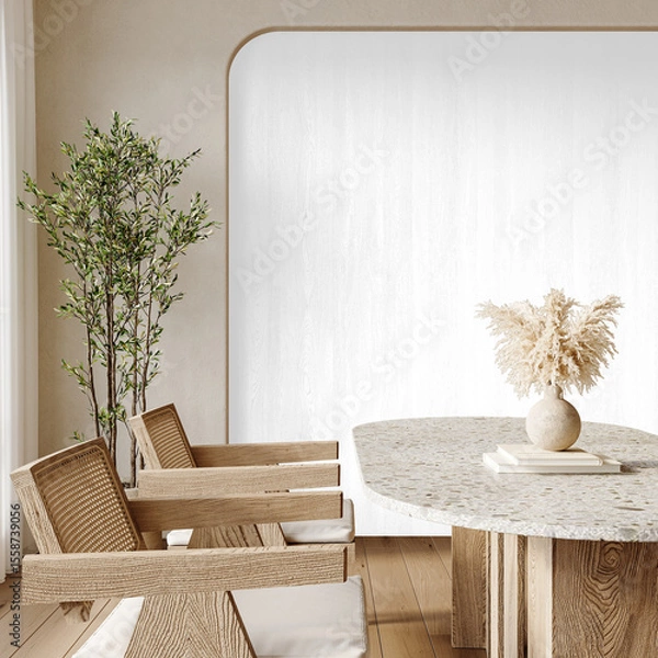 Fototapeta PNG Cutout Dining Room with Terrazzo Oval Table and Wooden Chairs - Interior Scene Isolated with Shadow on Transparent Background – 3D render