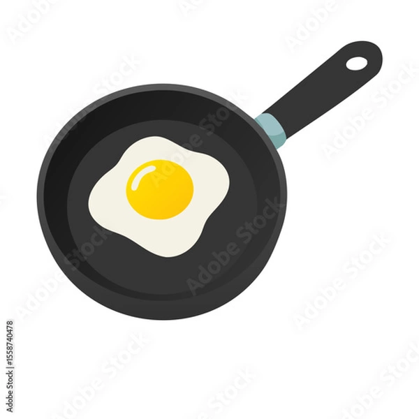 Fototapeta Flat design fried egg cooking in a black frying pan isolated on transparent background