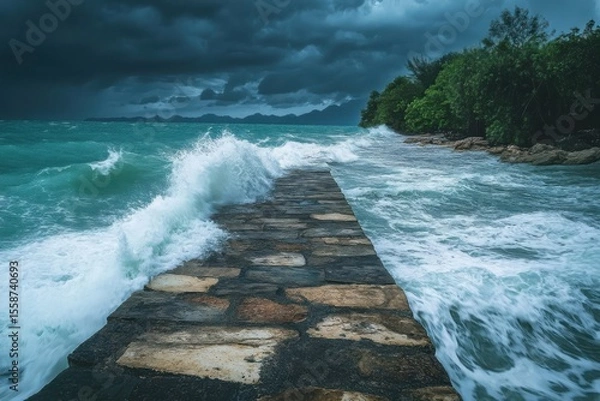 Fototapeta Stormy Ocean Waves Crash onto Rocky Pier with Dark Clouds Ahead