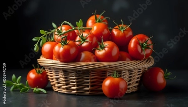 Fototapeta A wicker basket filled with fresh tomatoes on a dark background