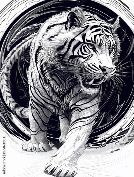 Fototapeta Striking Black and White Tiger Illustration with Dynamic Design