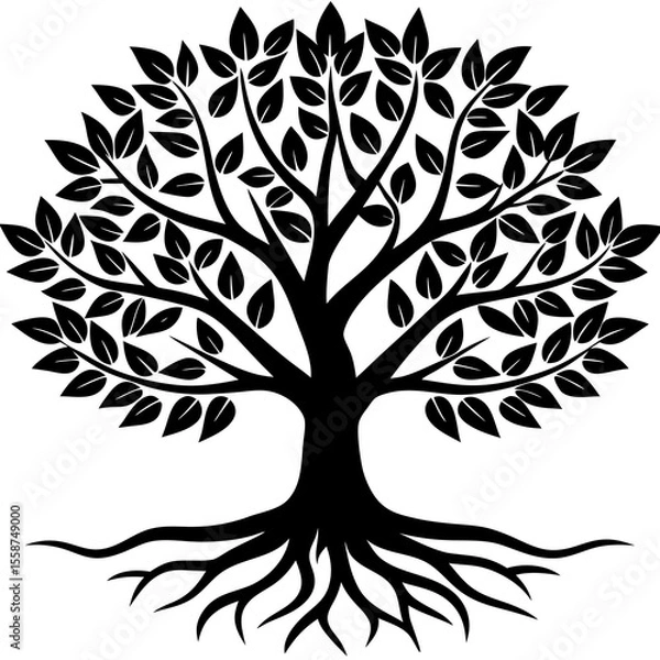 Fototapeta Vector leafy tree with black roots silhouette on white background