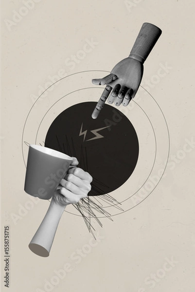 Fototapeta Image 3d zine vertical collage of human hand hold earphones box retro camera shooting coffee cup beverage lightning concept