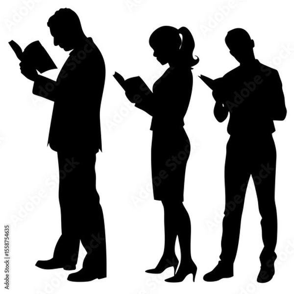 Fototapeta Casual silhouette of man and woman with books, standing and reading vector scene

