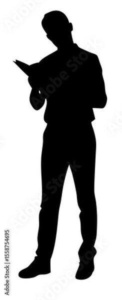 Fototapeta Casual silhouette of man with book in hand, reading in standing position, vector illustration
