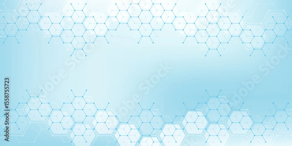 Obraz Health care or medical abstract background with hexagons, lines and dots. Scientific innovation banner template concept. Biology and pharmaceutical technology background. Vector illustration.