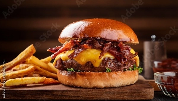 Fototapeta gourmet beef burger with pastrami cheddar caramelized onions and fries