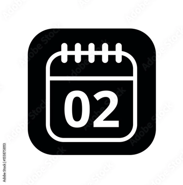 Fototapeta White hollowed out calendar icon isolated on black background for websites and graphic resources. Calendar flat icon with specific day marked, day 02.