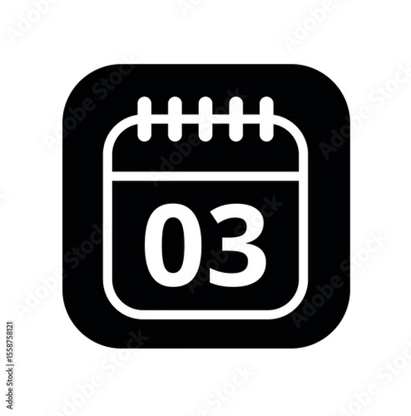 Fototapeta White hollowed out calendar icon isolated on black background for websites and graphic resources. Calendar flat icon with specific day marked, day 03.