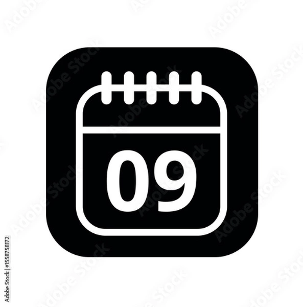 Fototapeta White hollowed out calendar icon isolated on black background for websites and graphic resources. Calendar flat icon with specific day marked, day 09.