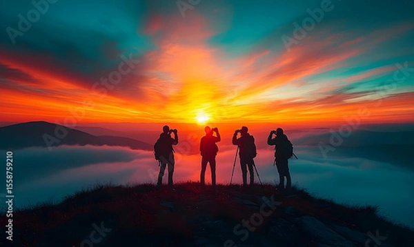 Fototapeta Silhouetted Hikers Capture Fiery Mountain Sunset