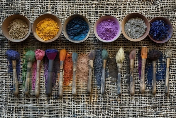 Fototapeta Rustic paintbrushes beside natural color bowls high resolution picture