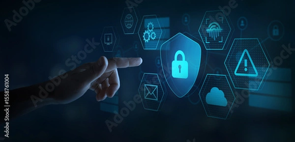 Fototapeta internet security shield with padlock on touchscreen, digital and cyber security concept with icons,  cybersecurity