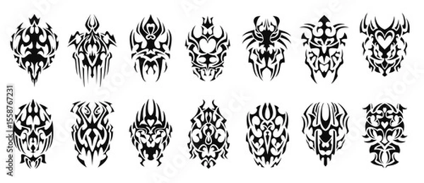 Fototapeta A detailed vector set of tribal tattoo elements with bold black lines, traditional curves, and symmetrical designs. Great for use in tattoo art, cultural graphics, warrior motifs, or decor.