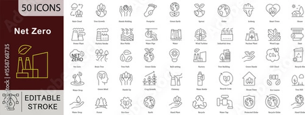 Fototapeta Net Zero Line Icons: Eco-Friendly, Carbon Neutral and Green Energy. Editable Stroke