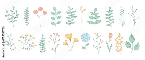 Fototapeta Doodle pastel botanical elements set. Collection of soft-colored hand drawn floral and leaf doodles. Decorative nature-themed illustrations in gentle tones. Vector 10 EPS.