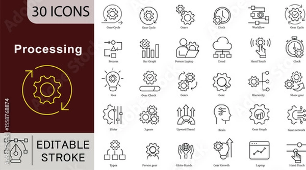 Fototapeta Processing Line Icons: Business Operations, Data and Automation Vectors. Editable Stroke