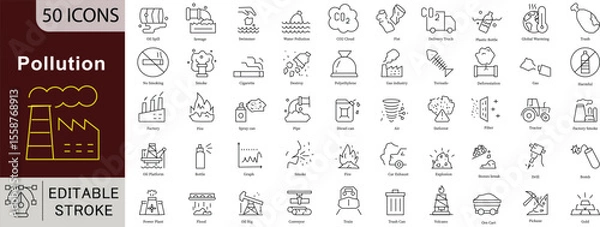 Fototapeta Pollution and Environmental Threat Line Icons: Air, Water, Waste and Climate Change. Editable Stroke