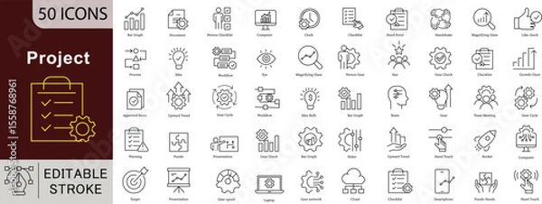 Fototapeta Project Line Icons: Planning, Development and Business Workflow Vectors. Editable Stroke