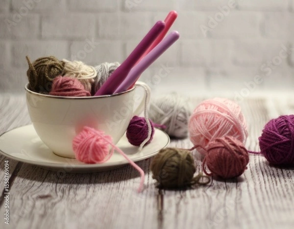 Fototapeta A cup and a saucer with clews balls of yarn wool and crocheted blanket handmade craft bright photo	
