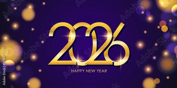 Fototapeta 2026 Happy New Year festive banner. New Year 2026 holiday background. Bright bokeh lights. Gold color. Vector illustration.
