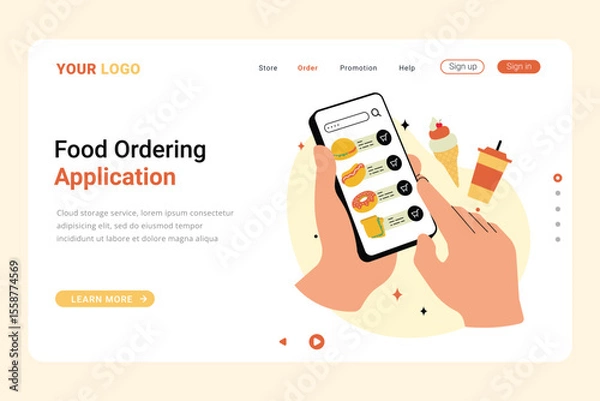 Fototapeta Food ordering application on landing page concept, Mobile app user interface with food order illustration