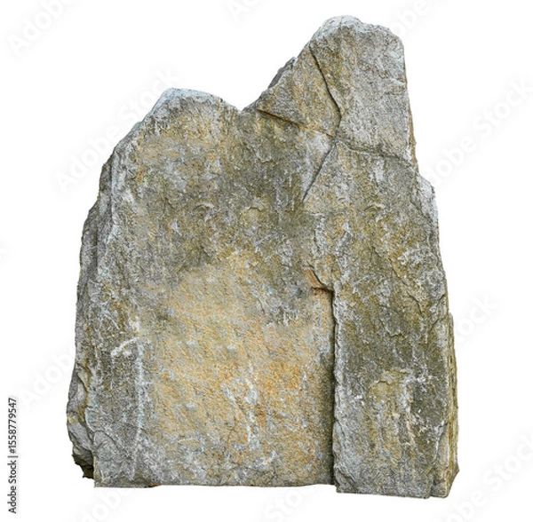 Fototapeta Large monolithic multilayer light gray yellow stone pedestal granite marble block fractured isolated on transparent background closeup.
