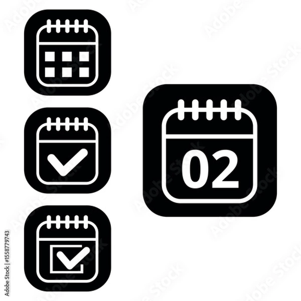 Fototapeta Vector illustration of collection of white calendar icons on black background with rounded ends for websites and graphic resources. Flat calendar icon with specific day marked, day 02.