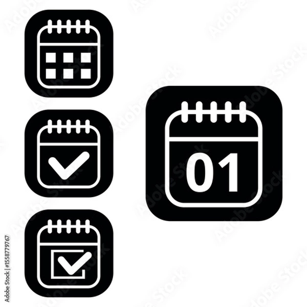Fototapeta Vector illustration of collection of white calendar icons on black background with rounded ends for websites and graphic resources. Flat calendar icon with specific day marked, day 01.