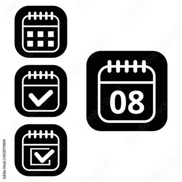 Fototapeta Vector illustration of collection of white calendar icons on black background with rounded ends for websites and graphic resources. Flat calendar icon with specific day marked, day 08.