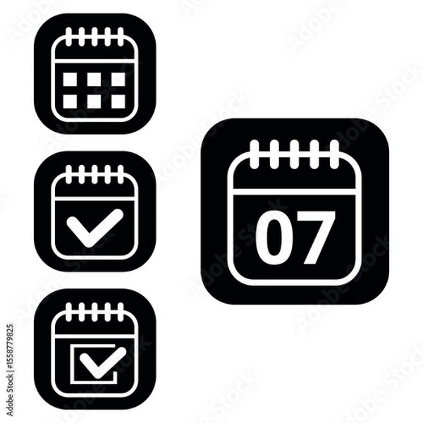 Fototapeta Vector illustration of collection of white calendar icons on black background with rounded ends for websites and graphic resources. Flat calendar icon with specific day marked, day 07.