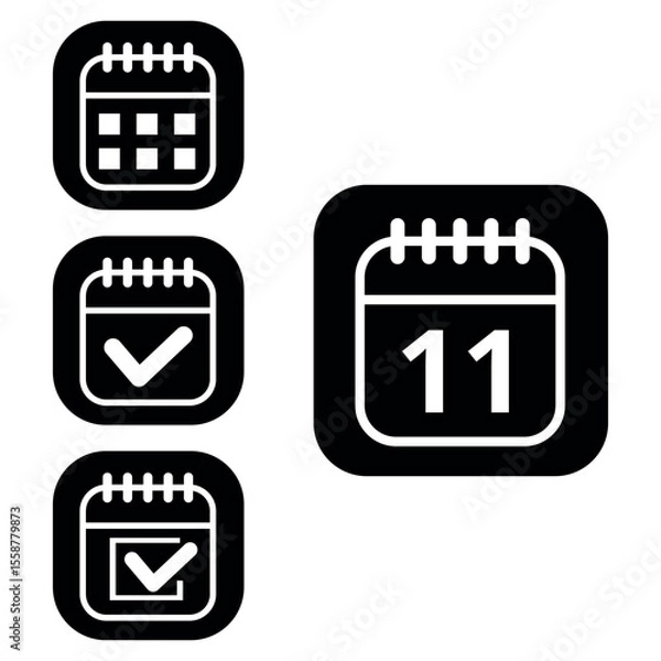 Fototapeta Vector illustration of collection of white calendar icons on black background with rounded ends for websites and graphic resources. Flat calendar icon with specific day marked, day 11.