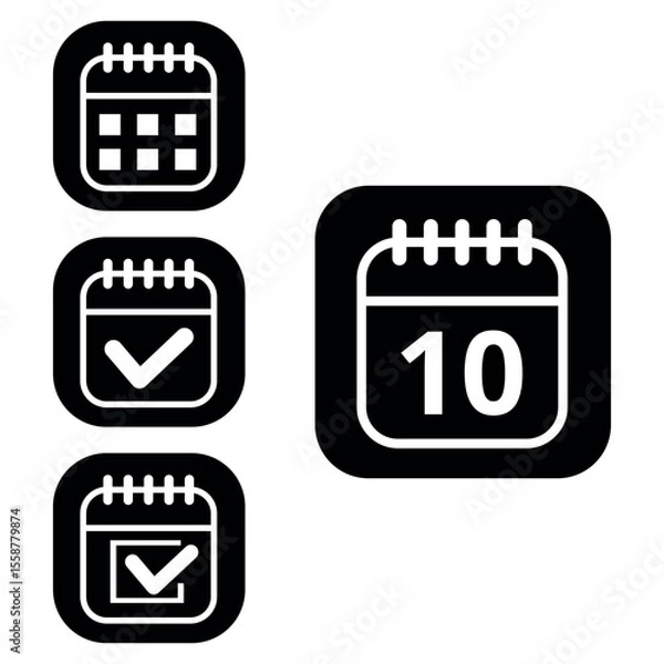 Fototapeta Vector illustration of collection of white calendar icons on black background with rounded ends for websites and graphic resources. Flat calendar icon with specific day marked, day 10.