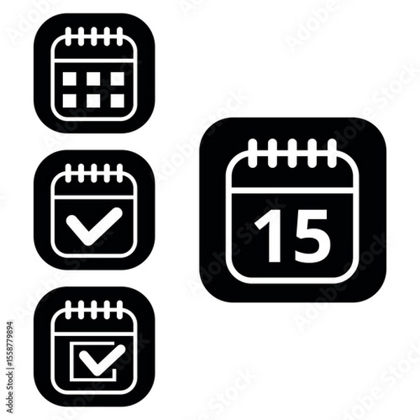 Fototapeta Vector illustration of collection of white calendar icons on black background with rounded ends for websites and graphic resources. Flat calendar icon with specific day marked, day 15.