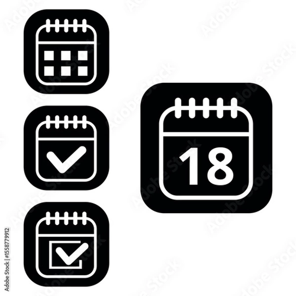 Fototapeta Vector illustration of collection of white calendar icons on black background with rounded ends for websites and graphic resources. Flat calendar icon with specific day marked, day 18.