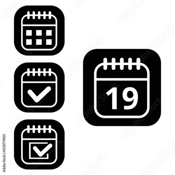 Fototapeta Vector illustration of collection of white calendar icons on black background with rounded ends for websites and graphic resources. Flat calendar icon with specific day marked, day 19.