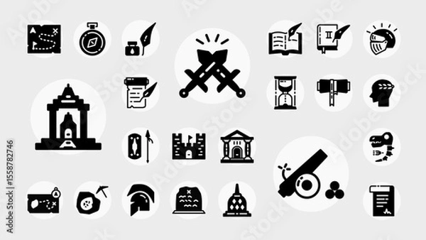 Obraz A bold solid icon collection illustrating history, archaeology, war relics, and ancient cultures. Ideal for apps, infographics, or learning tools.