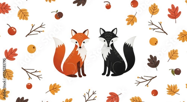 Fototapeta Autumn Foxes Cute Fall Illustration