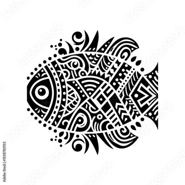 Fototapeta Simple tribal fish pattern in black, flat color, white background