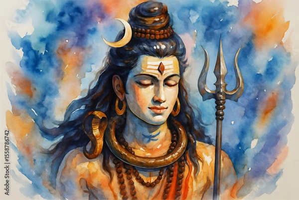 Fototapeta Majestic watercolor artwork of Lord Shiva with serene expression, crescent moon, snake, rudraksha beads, and damru, celebrating Maha Shivratri in divine elegance.