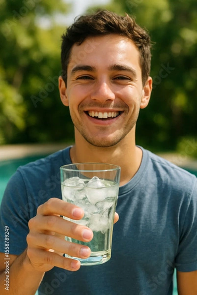 Obraz A cheerful young man smiles brightly while holding a refreshing glass of ice water outdoors by the pool